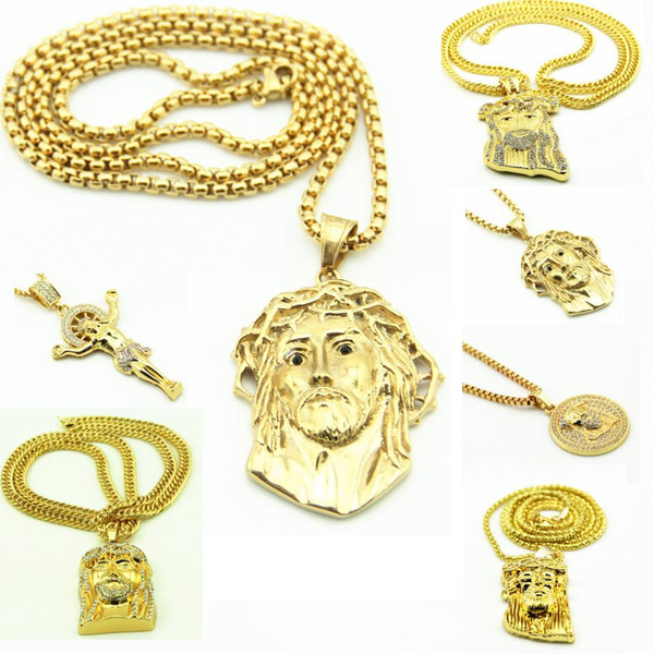 Hip Hop Pendant Necklace Mens Punk Style K Alloy Gold Plated Jesus Head Charm Pendant High Quality Cuban Chain