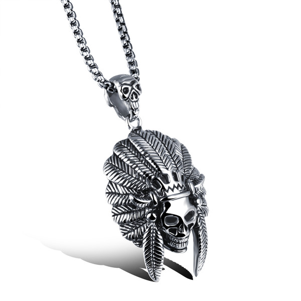 Vintage Indian Chief Skull Head Charm Necklace in Stainless Steel 34x47mm, Free Chain