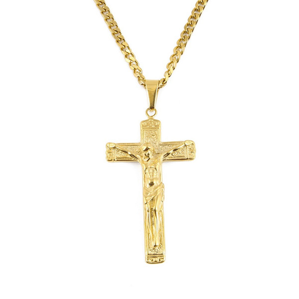 Crucifix Cross Pendant Necklace Men's Gold Stainless steel Cross Jesus Necklace Cuban Chain 70cm Catholicism Hip Hop Necklaces Jewelry