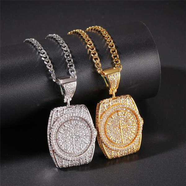 Quartz Pocket Watch Dial Pendant Necklace Mens Hiphop Jewelry Bling Cubic Zirconia Ice Out Hip Hop Men Necklaces