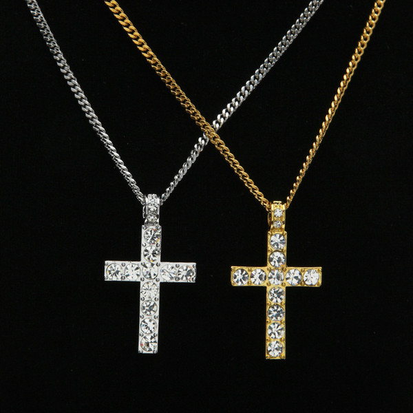 Hip Hop Cross Pendant Men Women Jewelry Iced out Gold Color Bling Rhinestone Crystal Cross Pendant Necklace Chain NL-395