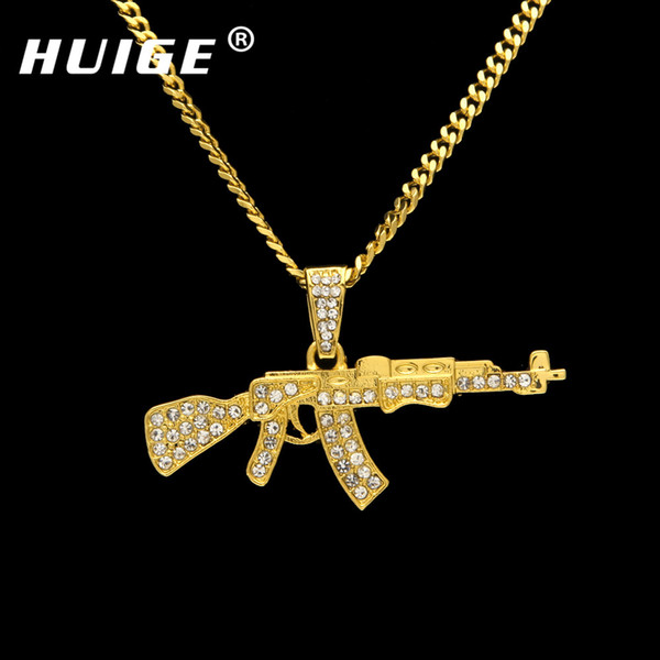 Alloy Ak47 Gun Pendant Necklace Iced Out Rhinestone With Hip Hop Miami Cuban Chain Gold Silver Color Men Women Jewelry