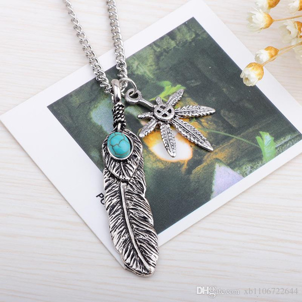 2016 Mens Feather Necklace Vintage Turquoise Pendant Feather Leaf Claw Sweater Chain Collares Mujer Steam Punk Choker Necklace