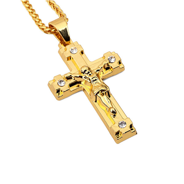 Mens Jewelry Jesus Cross Pendant Necklaces Fashion Rhinestone Punk Hip Hop 18K Gold Plated 75cm Long Chain Design For Men