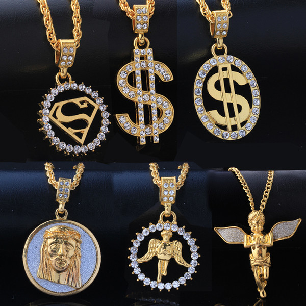 Mixed Wholesale Punk Bling Iced Out Angel Jesus Superman S Dollar Crystal 18K Gold Cross Necklace&Pendants Hip Hop Jewelry for Men Women