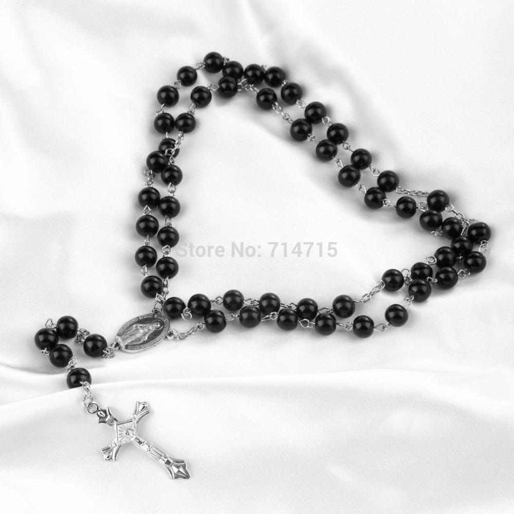 Wholesale-Mens Beckham Cross Pendant Black Rosary Beads Necklace Brand New