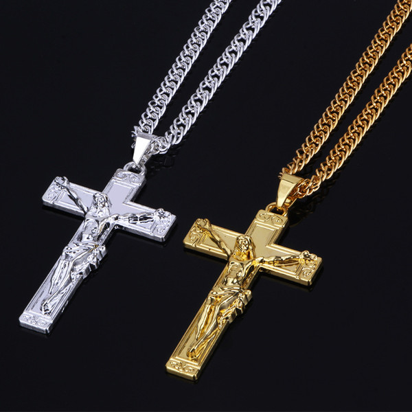 Gold Silver Color Hiphop Necklace Steet Fashion Mens Jesus Cross Pendant Necklace Hip-hop Gift for Christmas Jewelry