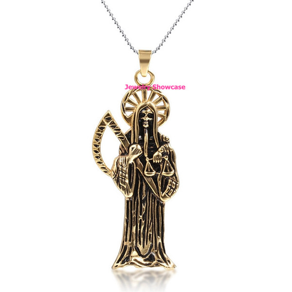 Gold Plated Stainless Steel Santa Muerte Holy Death Grim Reaper Pendant Necklace 1pc