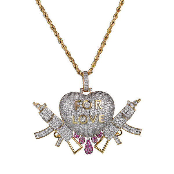 Hip Hop Heart Drip With Gun For Love Iced Out Necklace Men Tennis Chain Hip Hop Gold Silver Chain Jewelry
