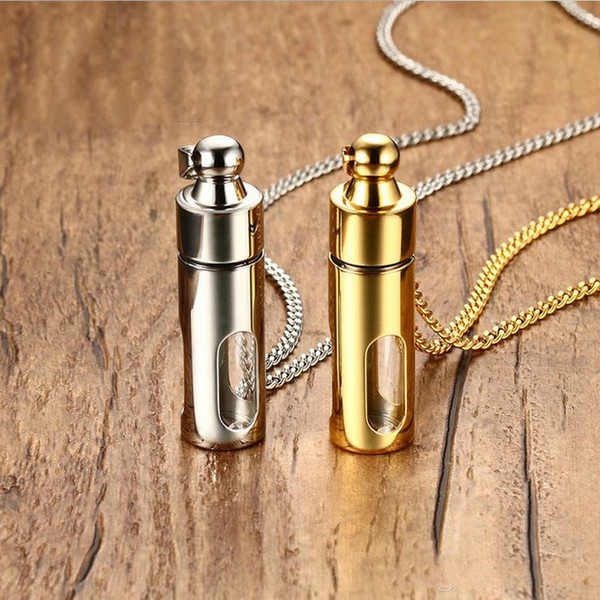 Men Necklaces Stainless Steel Glass Cylinder Aromatherapy Essential Oil Perfume Pendant Necklace Cremation Urn Jewelry PN-720