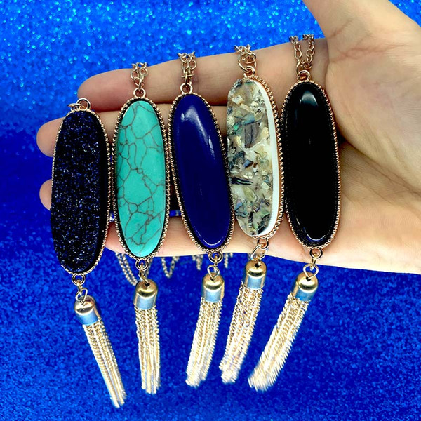 Boho Velvet Long Tassel Necklace 2018 Summer Style Leather Tassel Natural Stone Necklace for Women Sweater Chain Fashion Jewelry drop ship