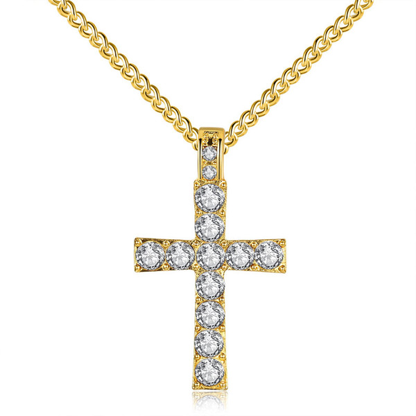 Christian Cross Crucifix Pendants & Necklaces Punk 18K Yellow Gold Plated Zircon CZ Hiphop Mens Long Chain Collier Jewelry