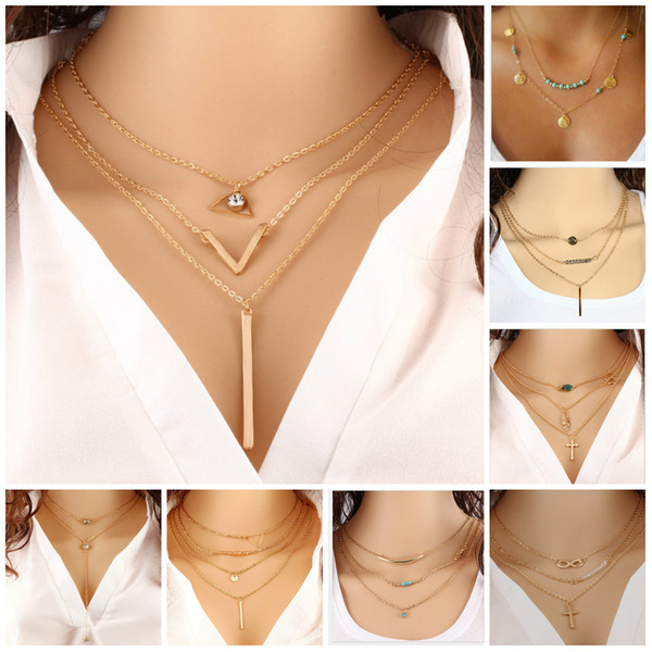 Choker Necklaces Boho Pearls Diamond Chain Multilayer Long Necklaces For Women Men Beads String Tassel Metal Bar Layered Gold Chain Necklace