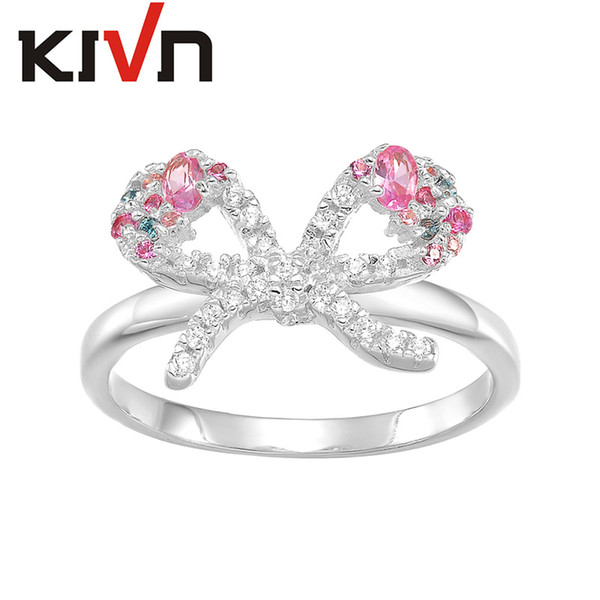 KIVN Fashion Jewelry Pink bowknot Rings CZ Cubic Zirconia Wedding Bridal Rings for Women Christmas Birthday Valentines Gift