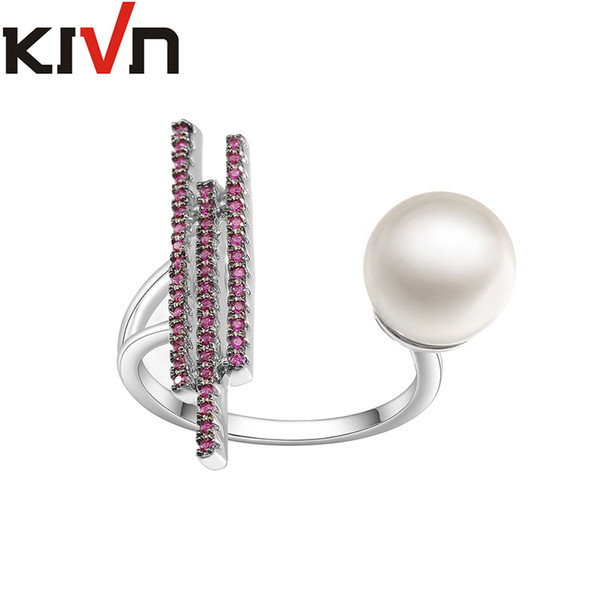 KIVN Fashion Jewelry Open Adjustable Pave CZ Cubic Zirconia Simulated Pearl Rings for Women Mothers Birthday Christmas Gifts