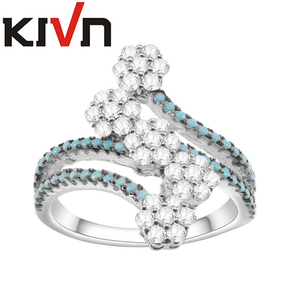 KIVN Fashion Jewelry Delicate Sparkling Flower Blue Pave CZ Cubic Zirconia Rings for Women Birthday Christmas Gifts