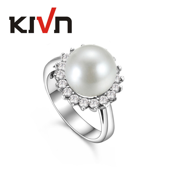 KIVN Jewelry Elegant Pave CZ Cubic Zirconia Wedding Bridal Engagement Simulated Pearl Rings for Women Birthday Christmas Gifts