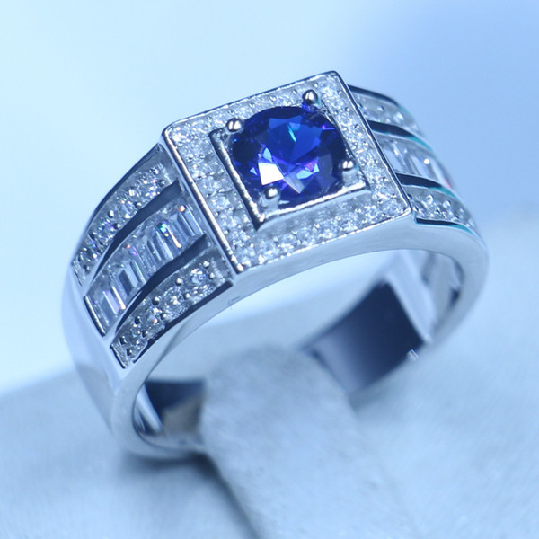 Fine Jewelry Genuine Soild 925 Sterling silver Wedding Band Rings for Men 1.5ct Blue 5A zircon cz male Party Finger Ring