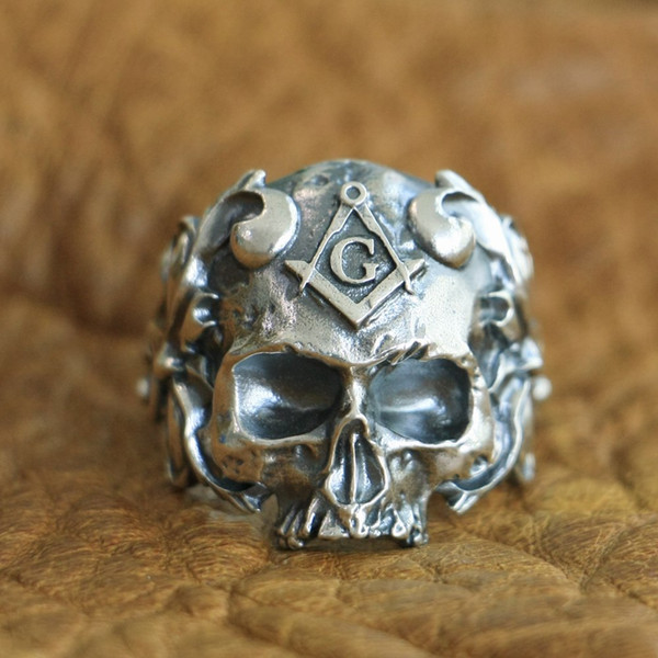 LINSION 925 Sterling Silver Masonic Skull Ring Mens Biker Punk Ring TA116 US Size 7 to 15