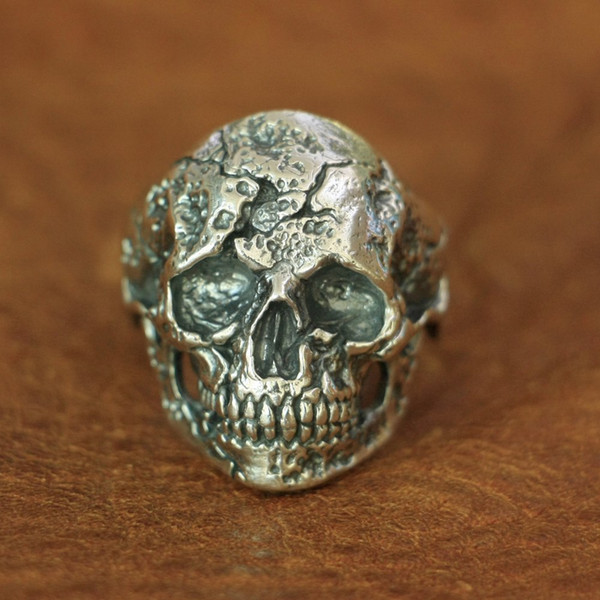 LINSION 925 Sterling Silver Wounded Skull Ring Mens Biker Rock Punk Ring TA134 US Size 7 to 13