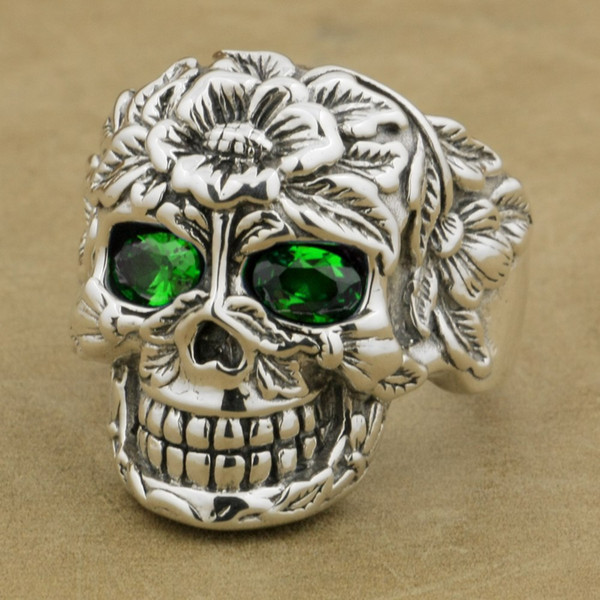 LINSION 925 Sterling Silver Flower Skull Green CZ Eyes Mens Biker Punk Ring 9W305