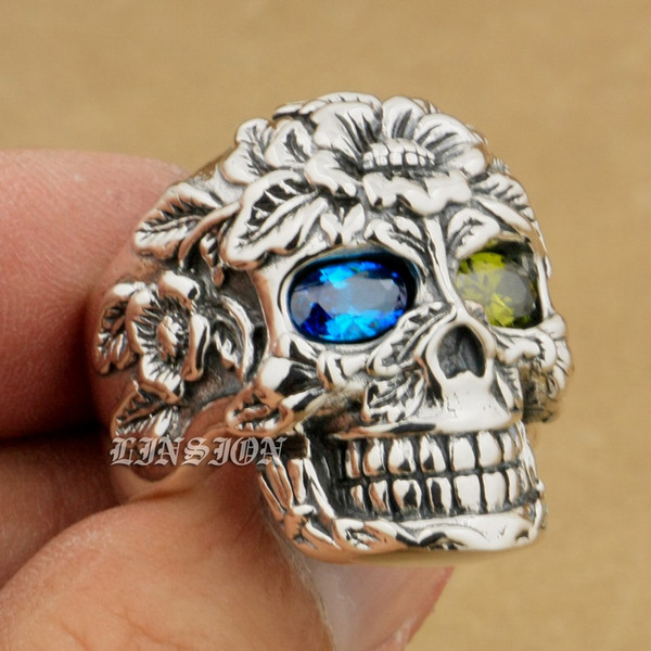 LINSION 925 Sterling Silver Flower Skull Blue + OliveGreen CZ Eyes Mens Biker Punk Ring 9W405