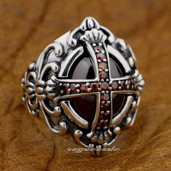 Goth Big Red CZ Stone Cross 925 Sterling Silver Gothic Punk Rock Mens Ring 9D005