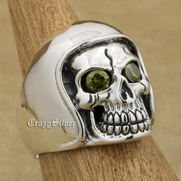 925 Sterling Silver Football Helmet Hat Olive Green CZ Eyes Skull Mens Biker Ring 9Q111OG