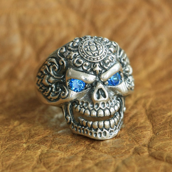 LINSION Blue CZ Eyes 925 Sterling Silver High Details Skull Ring Mens Biker Ring TA126 US Size 7 to 15