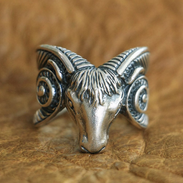 LINSION 925 Sterling Silver Long Horn Ram Skull Ring Mens Biker Ring TA123 US Size 7 to 15