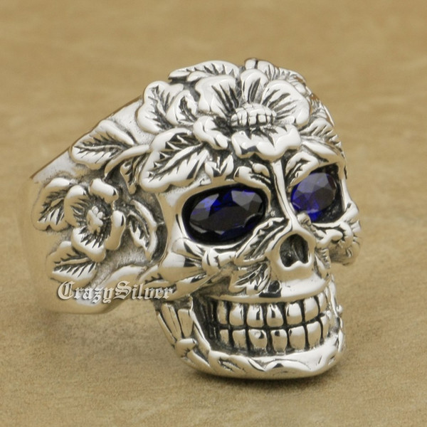 LINSION 925 Sterling Silver Flower Skull Purple CZ Eyes Mens Biker Punk Ring 9W205P