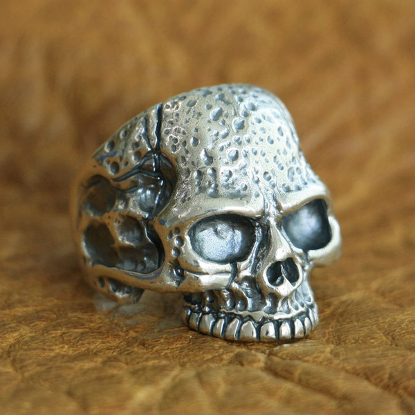 LINSION 925 Sterling Silver High Details Skull Ring Mens Biker Punk Ring TA118 US Size 7 to 15