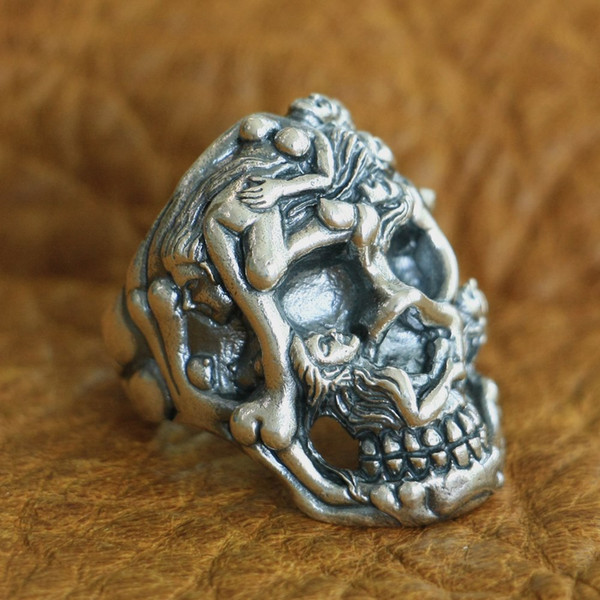 LINSION 925 Sterling Silver Sexy Naked Grils Skull Ring Mens Biker Punk Ring TA122 US Size 7 to 15