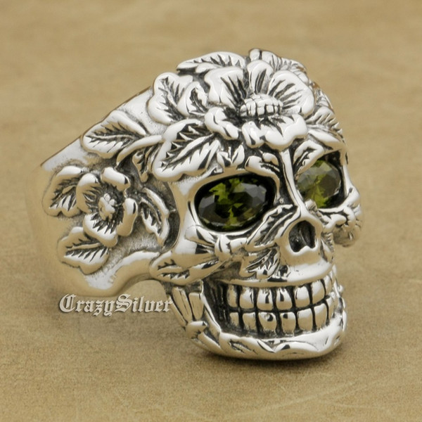 LINSION 925 Sterling Silver Flower Skull Olive Green CZ Eyes Mens Biker Punk Ring 9W205OG