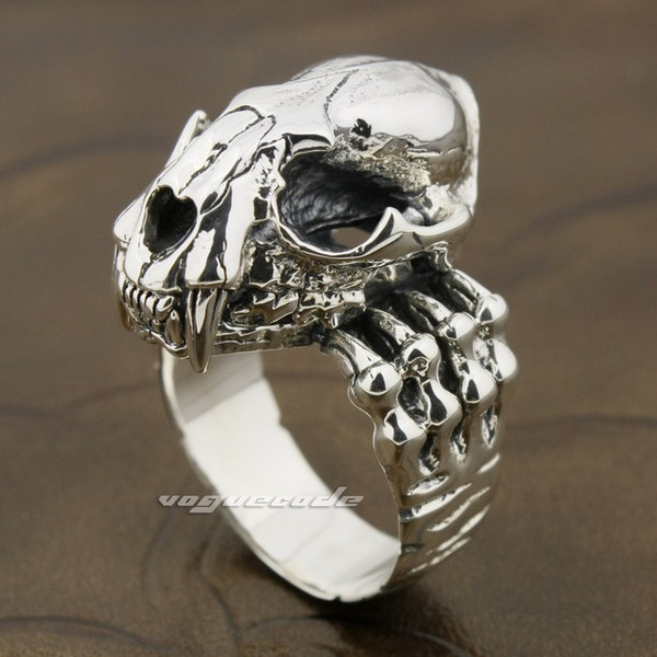 925 Sterling Silver Tiger Skull Openable Tusk FangMens Biker Ring 8D003 US Size 9.5Free Shipping