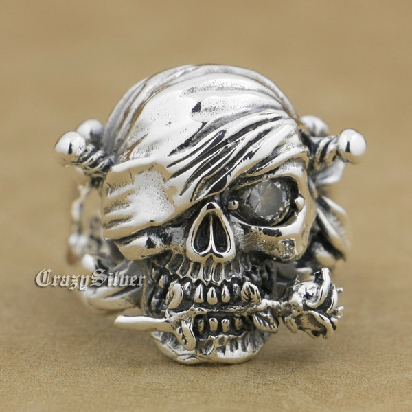 LINSION 925 Sterling Silver Pirate Skull Ring Rose White CZ Stone Mens Biker Rock Punk Style 9W001 US Size 7 to 15