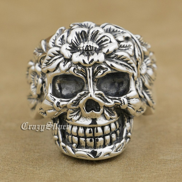 LINSION 925 Sterling Silver Flower Skull Mens Biker Punk Ring 9W005