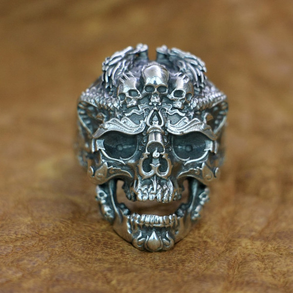 LINSION 925 Sterling Silver High Details Dragon Skulls Ring Mens Biker Ring TA132 US Size 7 to 15