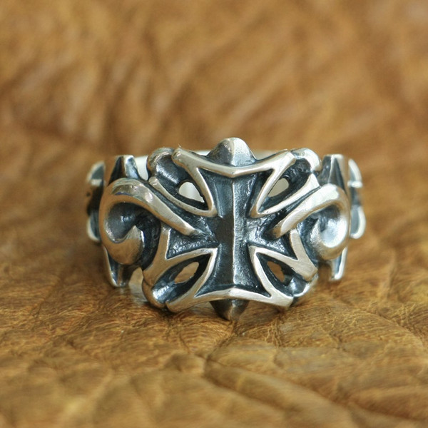 LINSION 925 Sterling Silver Star Cross Ring Mens Biker Punk Ring TA119 US Size 7 to 15