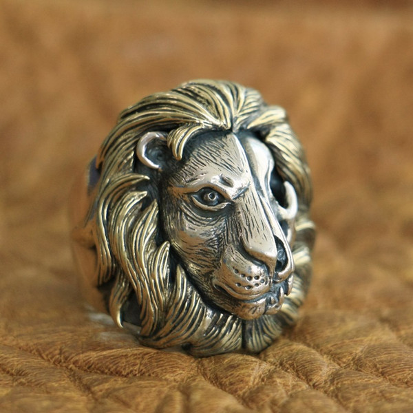 LINSION Brass Mane 925 Sterling Silver Skull Lion Ring Mens Biker Punk Ring TA115 US Size 7 to 15