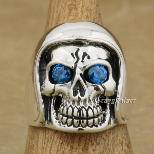 925 Sterling Silver Football Helmet Hat Blue CZ Eyes Skull Mens Biker Ring 9Q111B