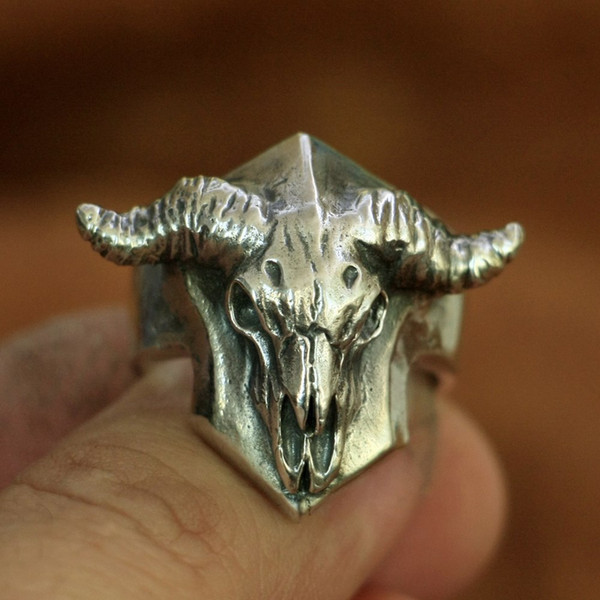 LINSION 925 Sterling Silver Buffalo Skull Bull Horn Ring Mens Biker Ring TA133 US Size 7 to 13