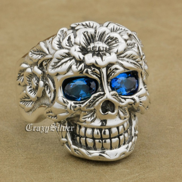 LINSION 925 Sterling Silver Flower Skull Blue CZ Eyes Mens Biker Punk Ring 9W205B