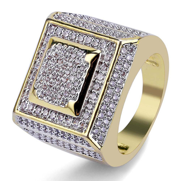 European and American Big Size Men's Hip Hop Rings Jewlry 18K Gold Plated Copper Square Cluster Rings Luxury Glaring Zircon Rings LR023