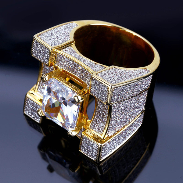 2019 Brand New Fashion Men's Big Gold Plated Rings Jewelry Luxury Exquisite Grade Quality Glarings Zircon Cluster Rings Finger Rings LR015