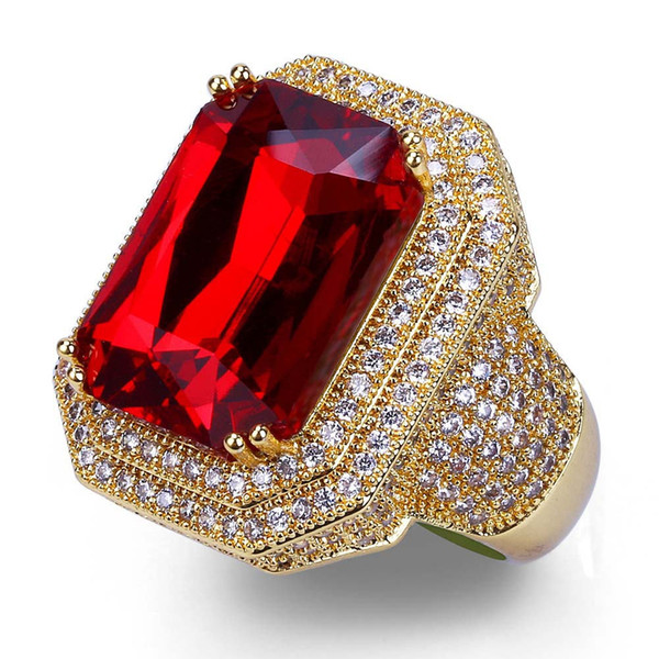 18K Gold Plated Hip Hop Ring Luxury Grade Quality Finger Rings Jewelry Exquisite Big Red Glaring Zircon Cluster Ring Jewelry LR037