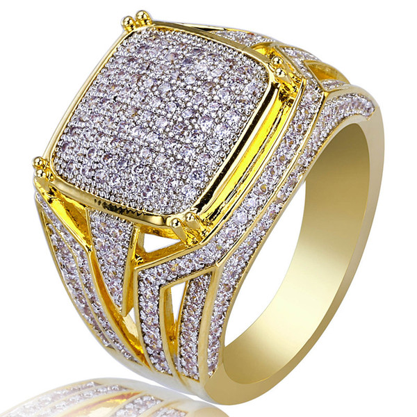 Grade Quality Glarings Cubic Zirconia Rings Jewelry Luxury Exquisite Fashion Men's Gold Plated Finger Rings Hip-hop Ring Wholesale LR014