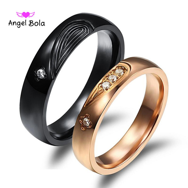 Fashion Black Rose Gold White Rhinestone Titanium Steel Couple Rings Set Men Women Engagement Wedding Rings