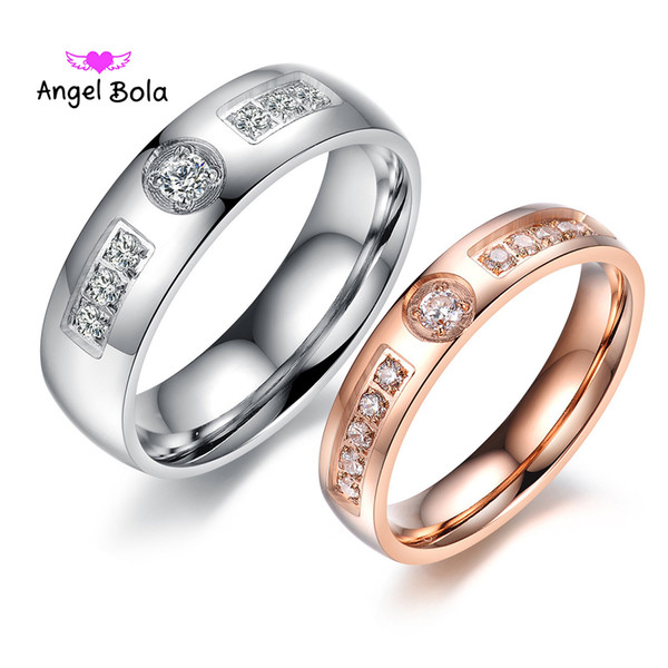 Romantic Lovers Wedding Rings 316L Stainless Steel Lover Couple Ring for Women Men Rose Gold color Inlaid CZ Zirconia Never Fade