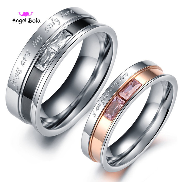 New Fashion 316L titanium steel couple ring Only love lovers' jewelry pink crystal party engagement rings